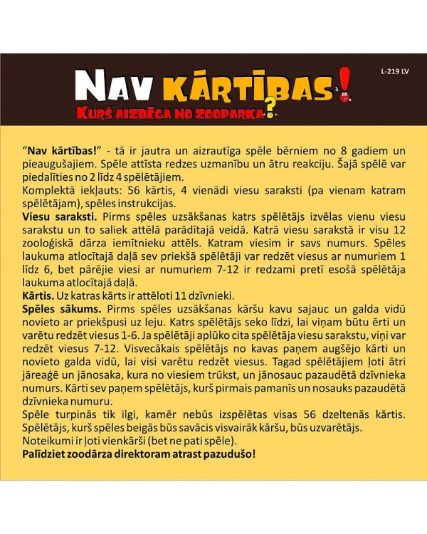 Kāršu spēle -  Nav kārtības! Kurš aizbēga no zooparka?