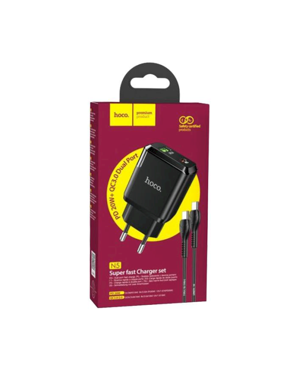 Hoco N5 PD20W универсальное зарядное устройство USB / 5V / 3A + USB-C провод 1М черная