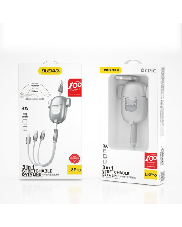 Dudao 3in1 USB cable - micro USB / Lightning / USB Type C 3 A 25 cm - 110 cm grey (L8Pro)