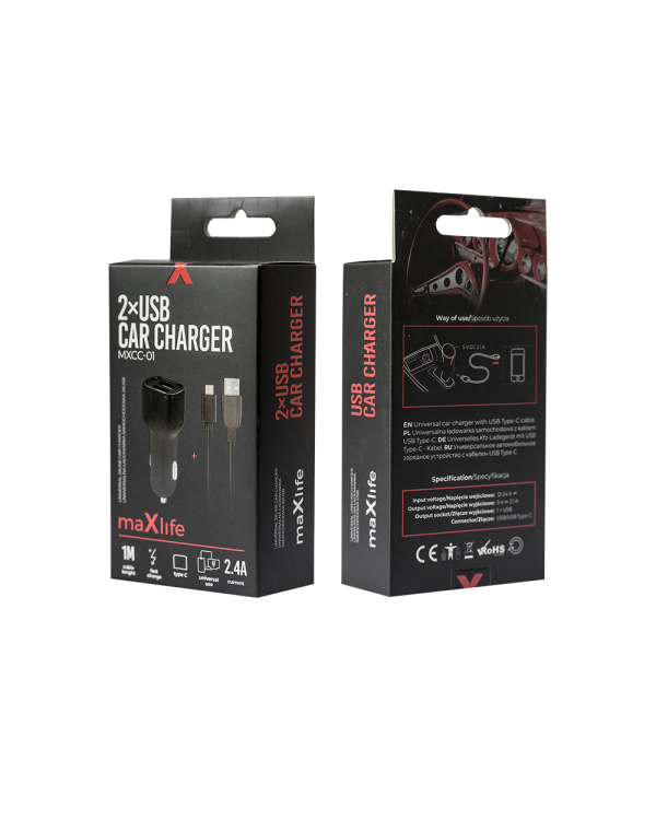 Maxlife MXCC-01 car charger 2x USB 2.4A black + USB-C cable