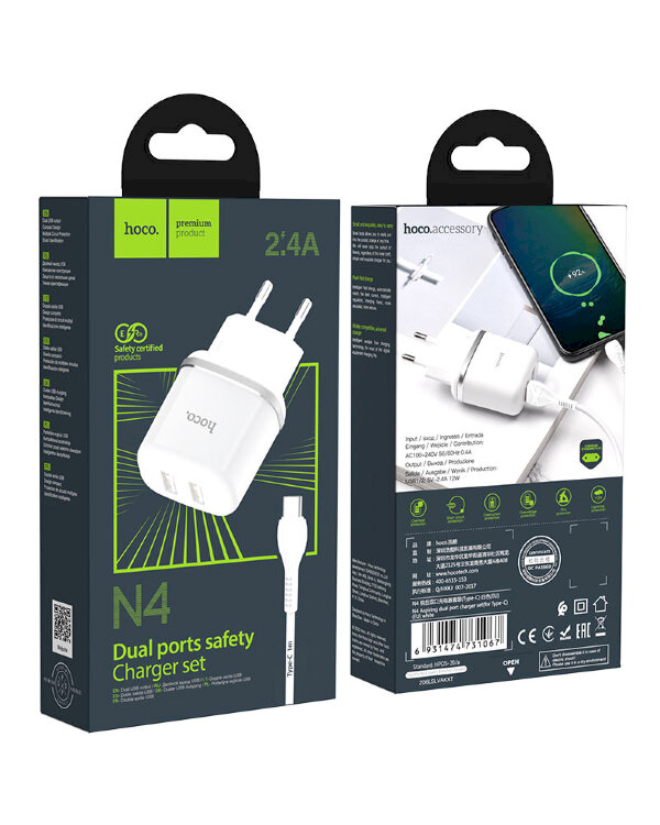 Hoco N4 универсальное зарядное устройство 2 x USB / 5V / 2.4A + USB-C провод 1М белая