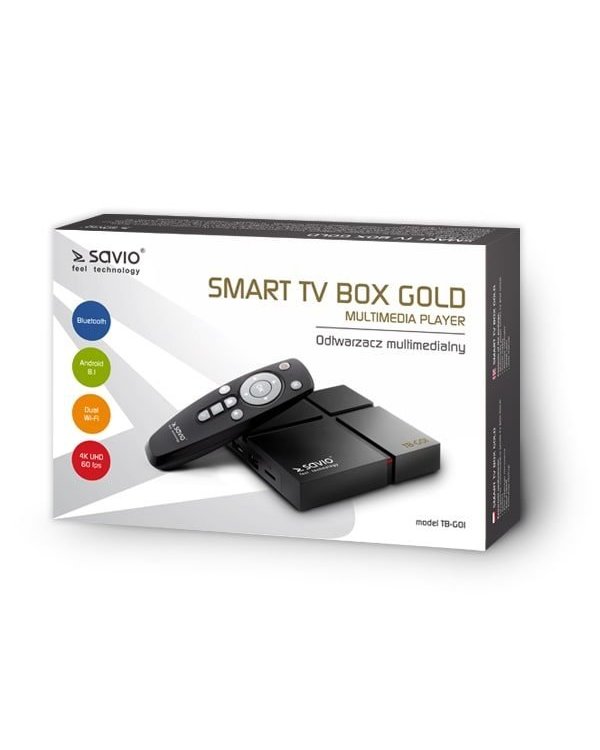Savio TB-G01 Приставка для TV Android 9.0 / 4K / Wi-Fi / 2GB / 16GB / 4 x 1.8 Ghz / H.265 / HDMI v2.1 / USB 3.0 / Micro SD