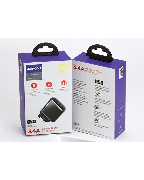 Joyroom HKL-USB59 зарядное устройство 3 x USB / 2.4A / LCD черное