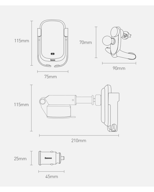 Baseus inAuto WXHW01-B01 Держатель для устройств 10W / QI / 2A /  Sensor Серебряный