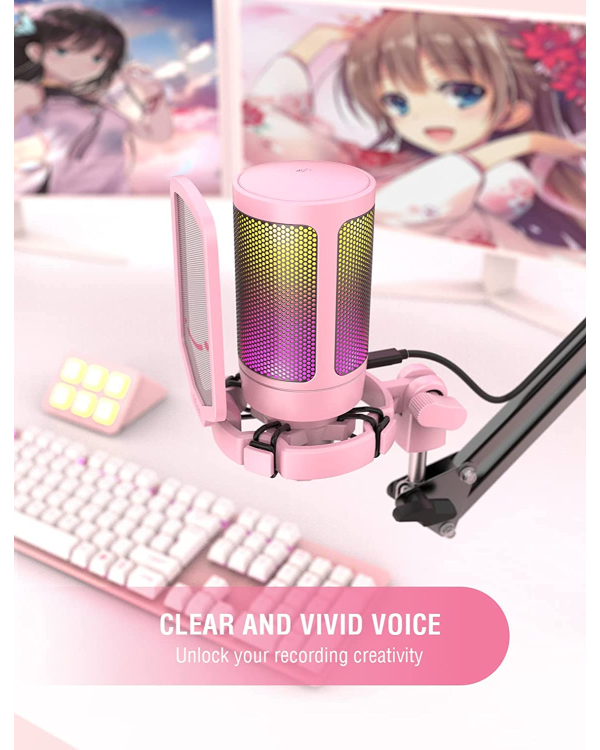 Микрофон Fifine AmpliGame A6V RGB для игр | подкасты | потоки | штатив | розовый