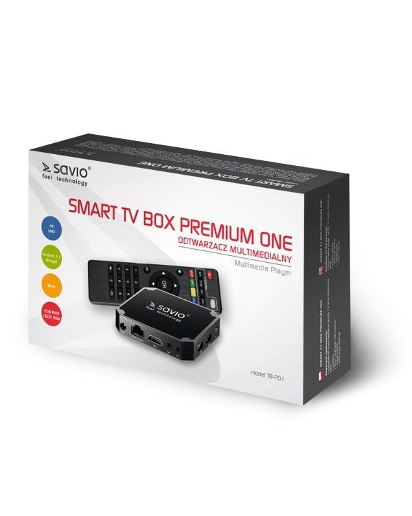 Savio TB-P01 Приставка для TV Android 9.0 / 4K / Wi-Fi / 2GB / 16GB / 4 x 1.2 Ghz / H.265 / HDMI v2.0 / USB / Micro SD