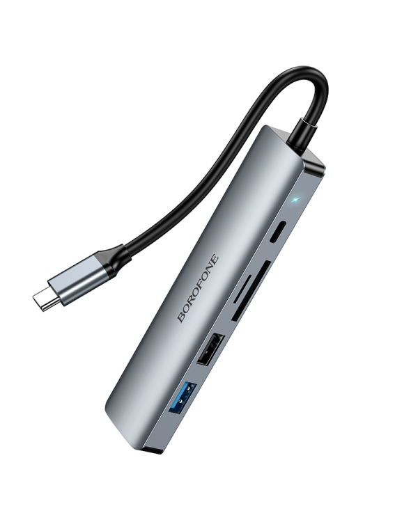 Borofone Adapter DH15 Buddy 6 in 1 - Type C to HDMI + Type C + USB 3.0 + USB 3.0 + SD + microSD - PD 100W grey
