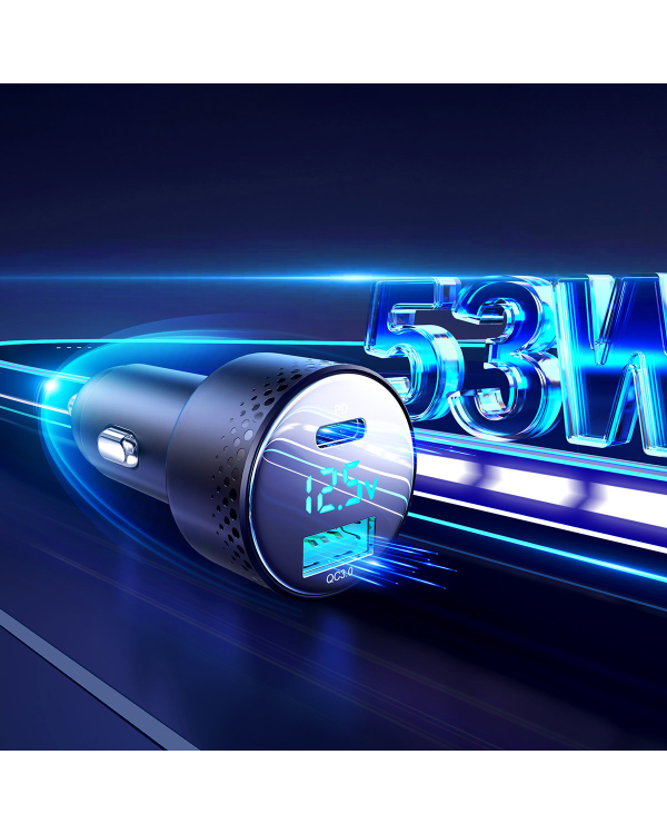 Car charger with voltmeter 53W (USB C, USB) Joyroom JR-CCD01 black