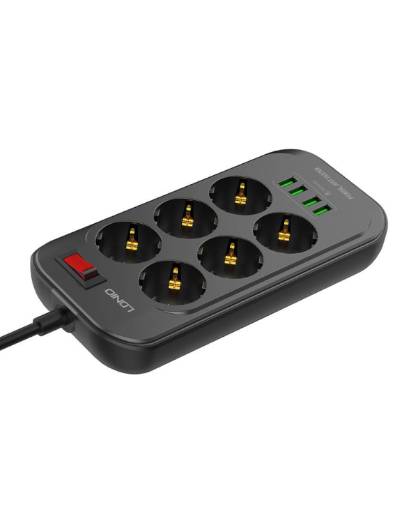 Power strip with 6 AC outlets, 4x USB, LDNIO SE6403, 2m (black)