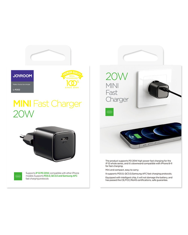 Joyroom быстрое настенное зарядное устройство USB Type C 20W Power Delivery Quick Charge 3.0 AFC черный (L-P202)