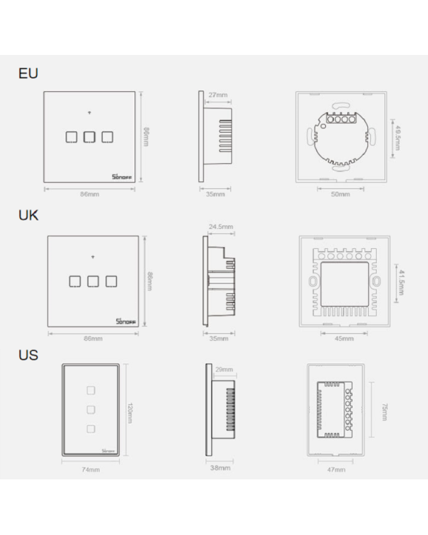 Умный выключатель WiFi + RF 433 Sonoff T3 EU TX (3-канала)