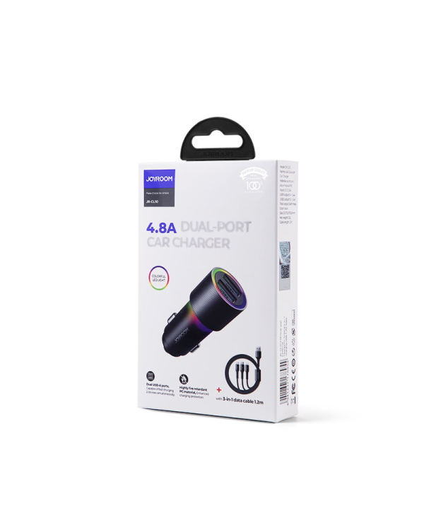 Joyroom JR-CL10 автомобильное зарядное устройство 2 x USB | подсветка | 24 Вт | кабель 3 в 1 | 1,2 м черный