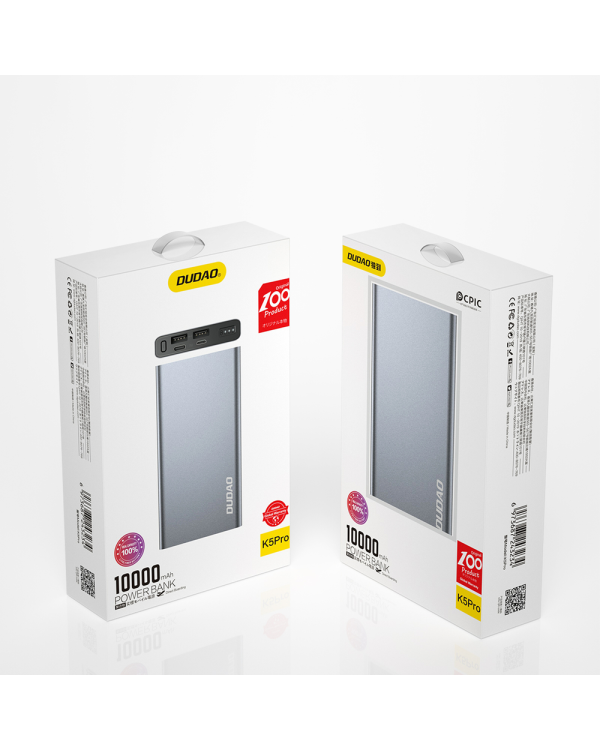 Металлический пауэрбанк Dudao с LED-индикатором 10000mAh серебристый (K5Pro)