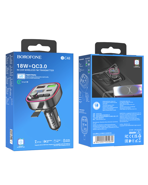 Borofone Трансмиттер FM BC48 Broad MP3, Bluetooth - 2xUSB + Type C - QC 3.0 18W черный (повреждена упаковка)