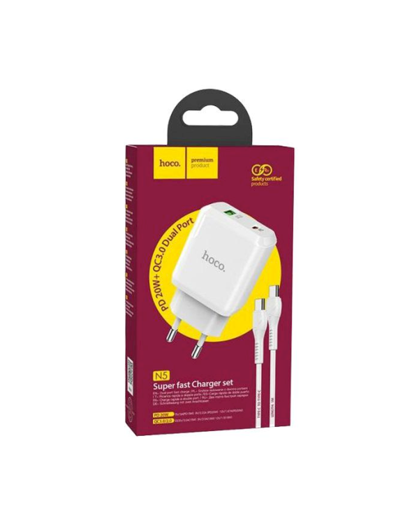 Hoco N5 PD20W универсальное зарядное устройство USB / 5V / 3A + USB-C провод 1М белая