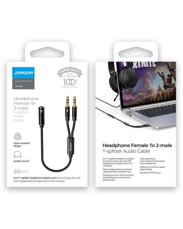 Joyroom AUX splitter audio cable 3,5 mm mini jack (female) - 2x 3,5 mm mini jack (male - microfon and headphones) 0,2m black (SY-A05)