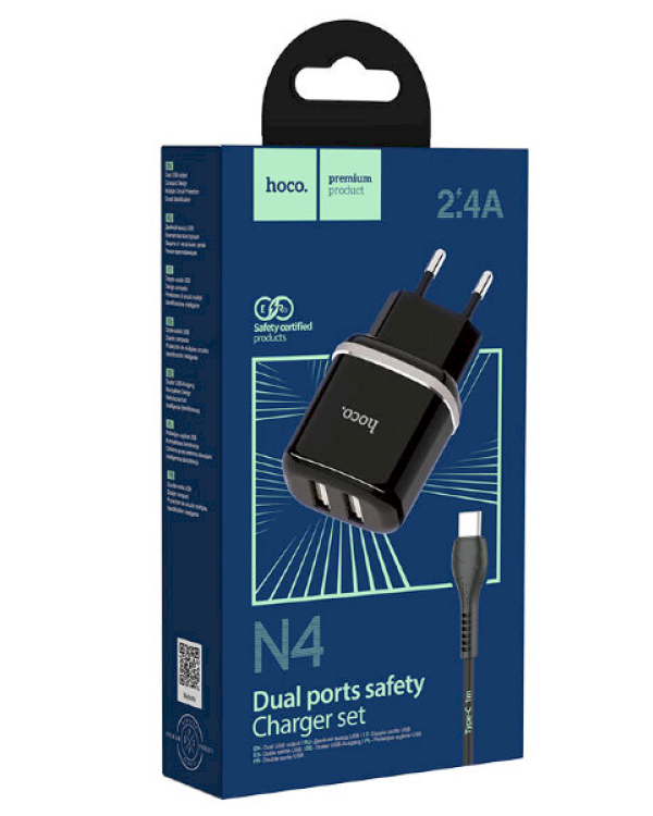 Hoco N4 универсальное зарядное устройство 2 x USB / 5V / 2.4A + USB-C провод 1М черная