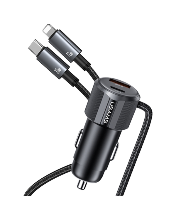Автомобильное зарядное устройство USAMS YT Series CC287 66W 1xUSB-A 1xUSB-C + кабель 2-в-1 USB-C|Lightning чёрный