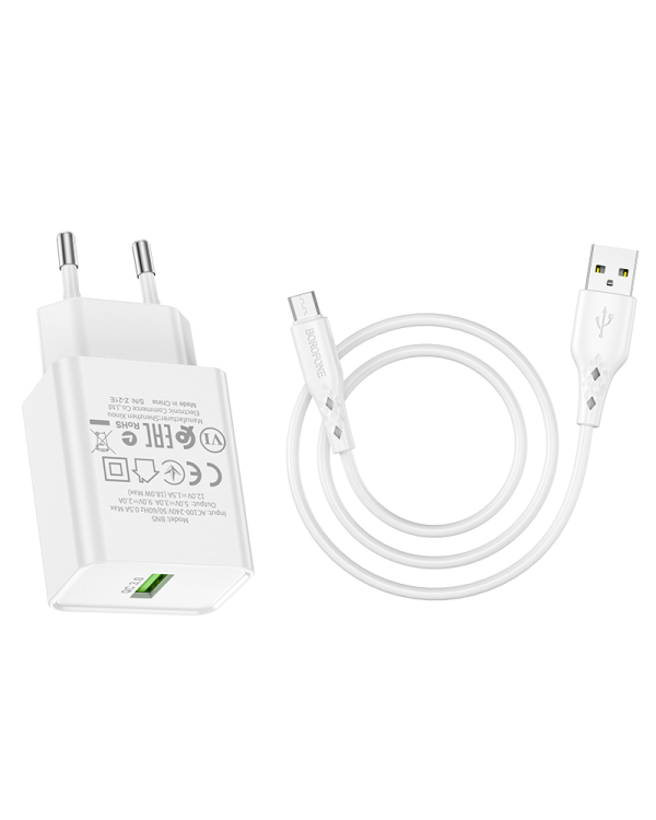 Зарядное устройство для телефона Borofone BN5 | USB | Quck Charge 3.0 | 18 Вт | + кабель Micro USB белый