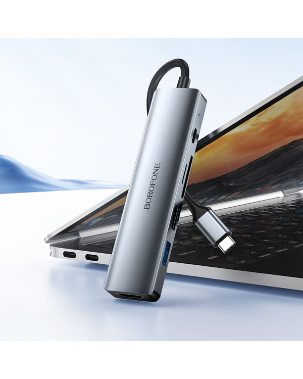 Borofone Adapter DH15 Buddy 6 in 1 - Type C to HDMI + Type C + USB 3.0 + USB 3.0 + SD + microSD - PD 100W grey