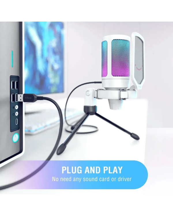 Микрофон Fifine AmpliGame A6V RGB для игр | подкасты | потоки | штатив | белый