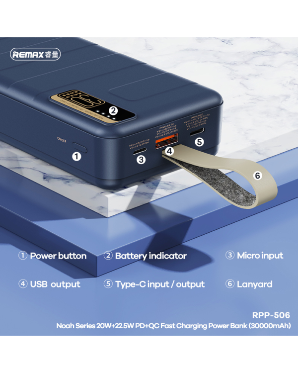 REMAX Power Bank 30000mAh RPP-506 Noah - USB + Type C - PD 20W QC 22,5W blue