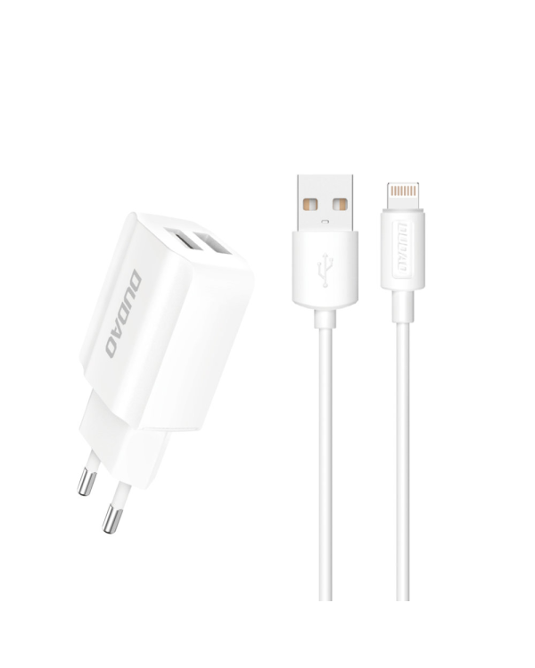 Dudao 2x USB Home Travel EU Adapter Wall Charger 5V/2.4A + Lightning cable white (A2EU + Lightning white)