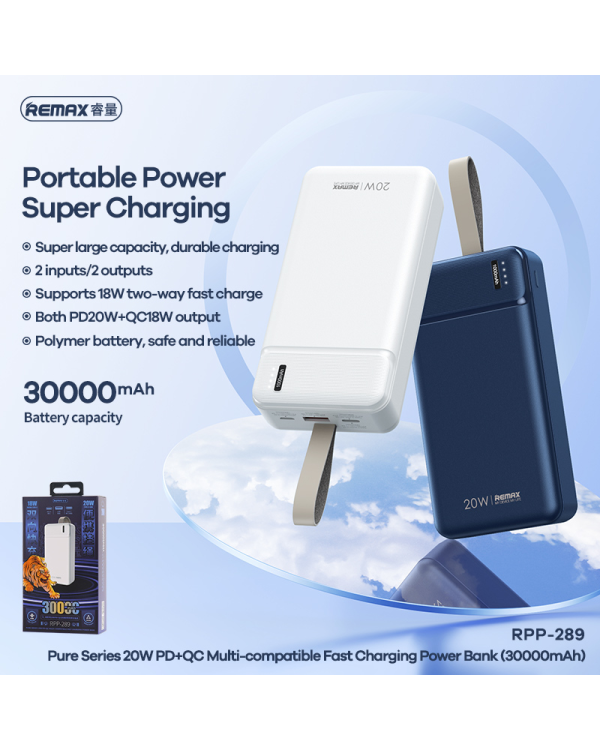 REMAX Power Bank 30000mAh RPP-289 Pure - USB + Type C - PD 20W QC 18W синий