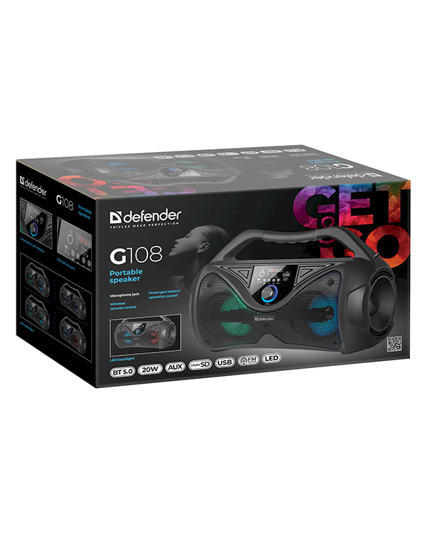 Портативная колонка Defender G108 / 20Вт / LED / Bluetooth 5.0 /, пульт / черный