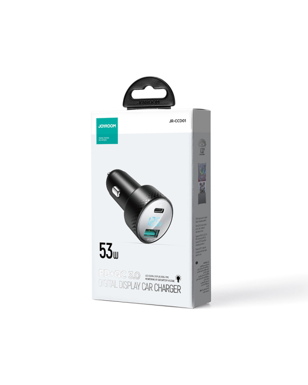 Car charger with voltmeter 53W (USB C, USB) Joyroom JR-CCD01 black