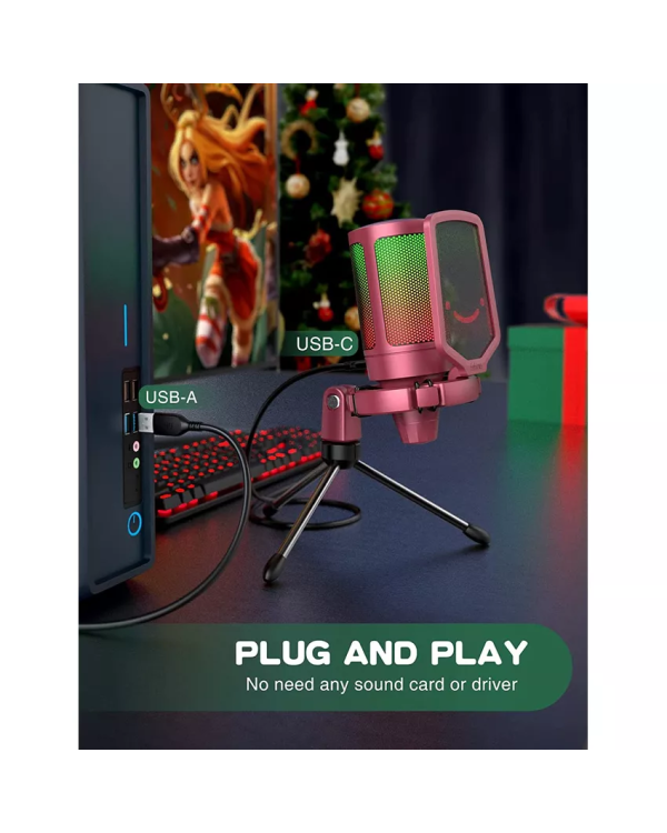 Микрофон Fifine AmpliGame A6V RGB для игр | подкасты | потоки | штатив | красный