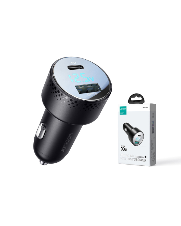 Car charger with voltmeter 53W (USB C, USB) Joyroom JR-CCD01 black