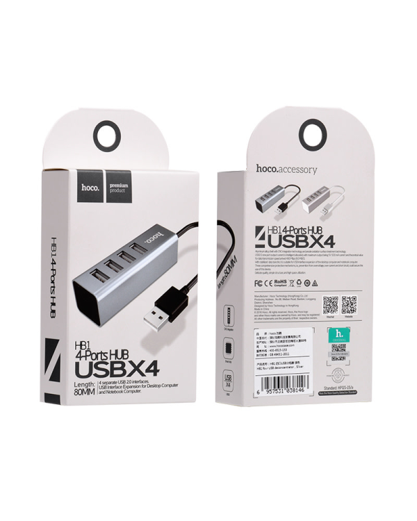 HOCO HUB HB1 Хаб 1 x 4 USB Разделитель серый