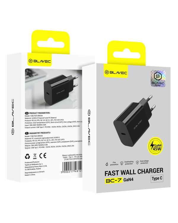Blavec Настенное зарядное устройство BC-7 GaN4 - Type C - PD QC 45W 3A (TCBC7G4-CB453A) черный