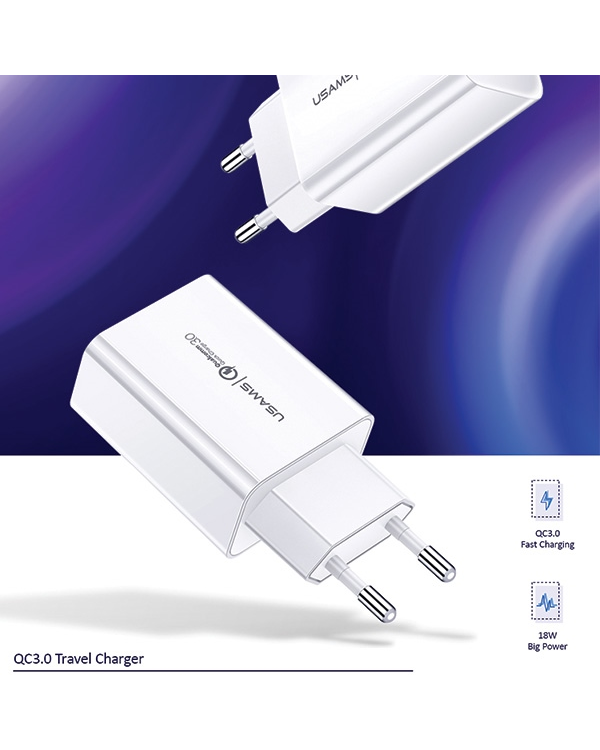 USAMS Ład. siec. 1xUSB T22 18W 3A QC3.0 (only head) Fast Charging biały|white CC83TC01 (US-CC083)