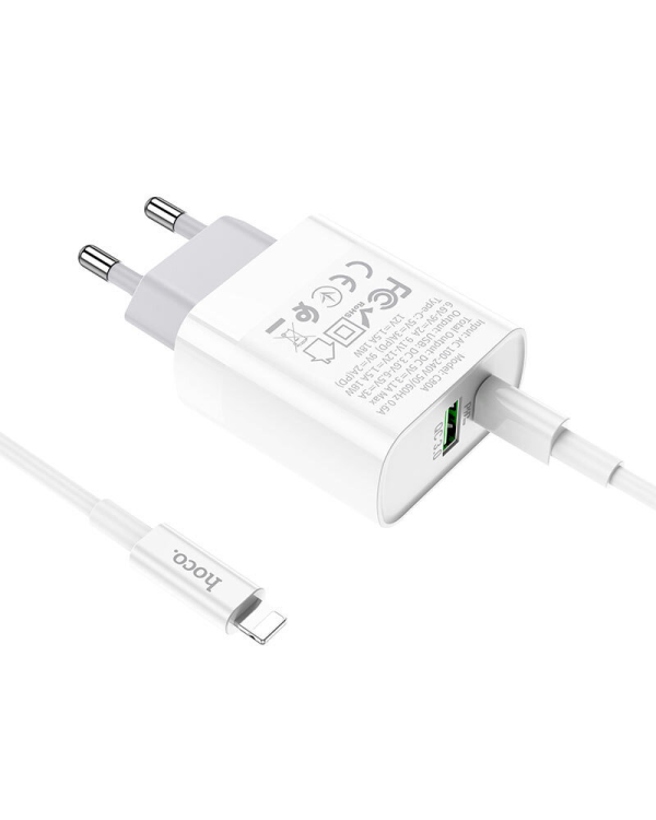 Hoco C80A Универсальное Зарядное Устройство USB-C / USB / 12V / 3.0A / 18W / QC 3.0 / PD + Lightning Провод 1М Белое