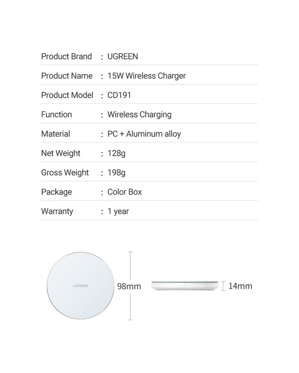 Ugreen 15W Qi wireless charger white (CD191 40122)