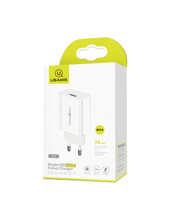 USAMS Ład. siec. 1xUSB T22 18W 3A QC3.0 (only head) Fast Charging biały|white CC83TC01 (US-CC083)