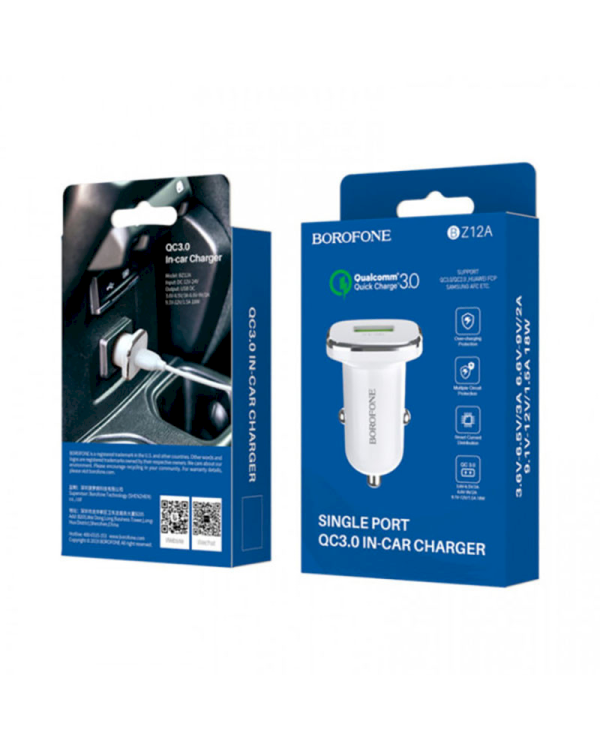Автомобильное зарядное устройство Borofone BZ12A USB / 3A / Quick Charge 3.0 белое