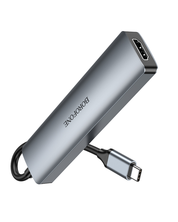 Borofone Adapter DH15 Buddy 6 in 1 - Type C to HDMI + Type C + USB 3.0 + USB 3.0 + SD + microSD - PD 100W grey