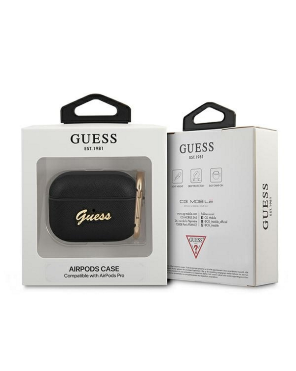 Guess case for AirPods Pro GUAPSASMK black Saffiano Script Metal Collection