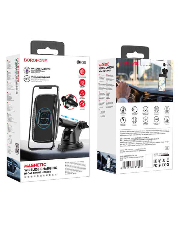 Автомобильный держатель Borofone BH35 с беспроводной зарядкой QI 15W / USB-C / черный