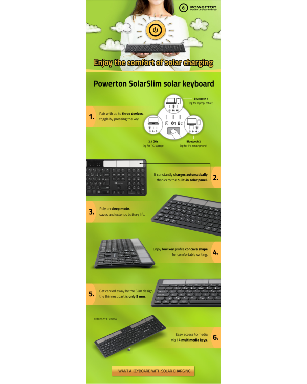 Беспроводная bluetooth-клавиатура Powerton Solar Slim для ПК / PS4 / XBOX / Smart TV / Android