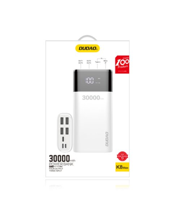 Dudao power bank 4x USB 30000mAh with LCD 4A white (K8Max white)