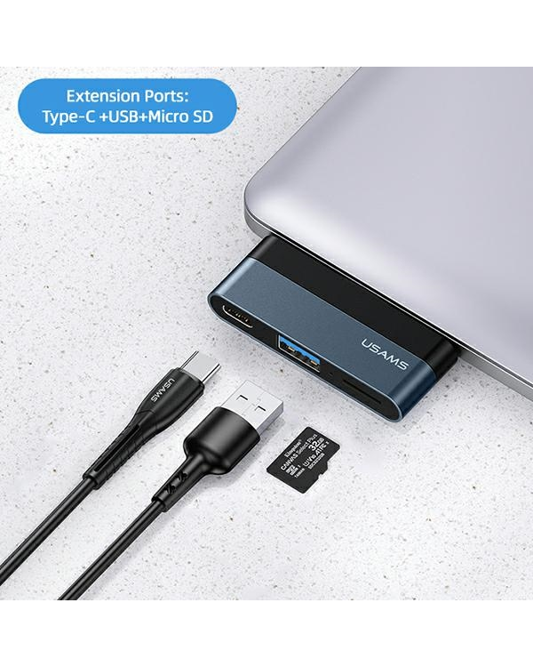 USAMS Adapter HUB USB 3.0|USB-C|Micro SD szary|grey SJ491HUB01 (US-SJ491)