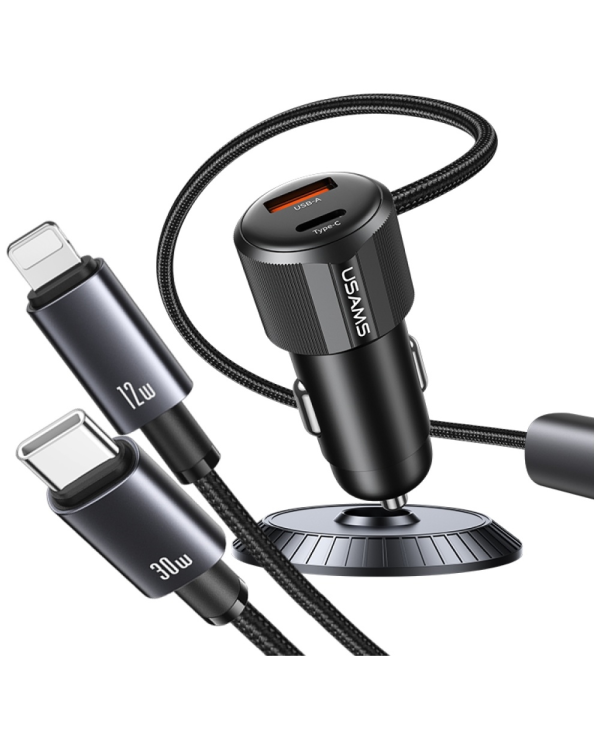 Автомобильное зарядное устройство USAMS YT Series CC287 66W 1xUSB-A 1xUSB-C + кабель 2-в-1 USB-C|Lightning чёрный