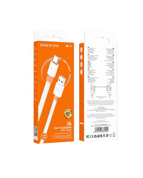 Borofone Cable BX89 Union - USB to Type C - 3A 1 metre white-orange