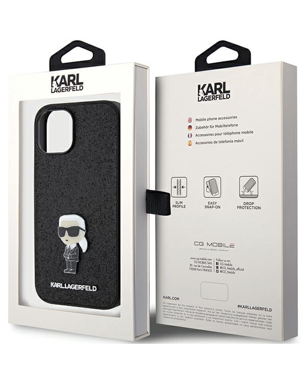 Karl Lagerfeld KLHCP15SGKNPSK iPhone 15 6.1" czarny|black hardcase Fixed Glitter Ikonik Logo Metal Pin