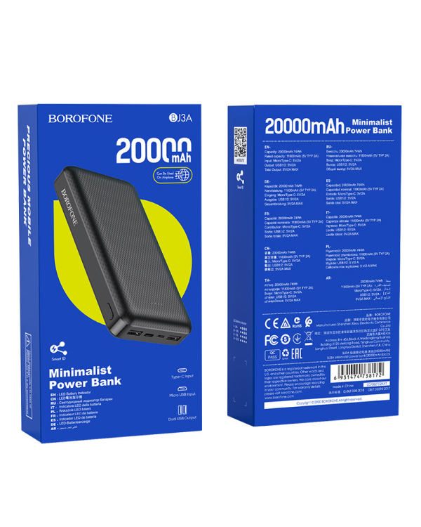 Borofone Power Bank 20000mAh BJ3A Minimalist - 2xUSB - black