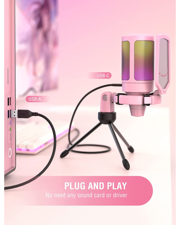 Микрофон Fifine AmpliGame A6V RGB для игр | подкасты | потоки | штатив | розовый